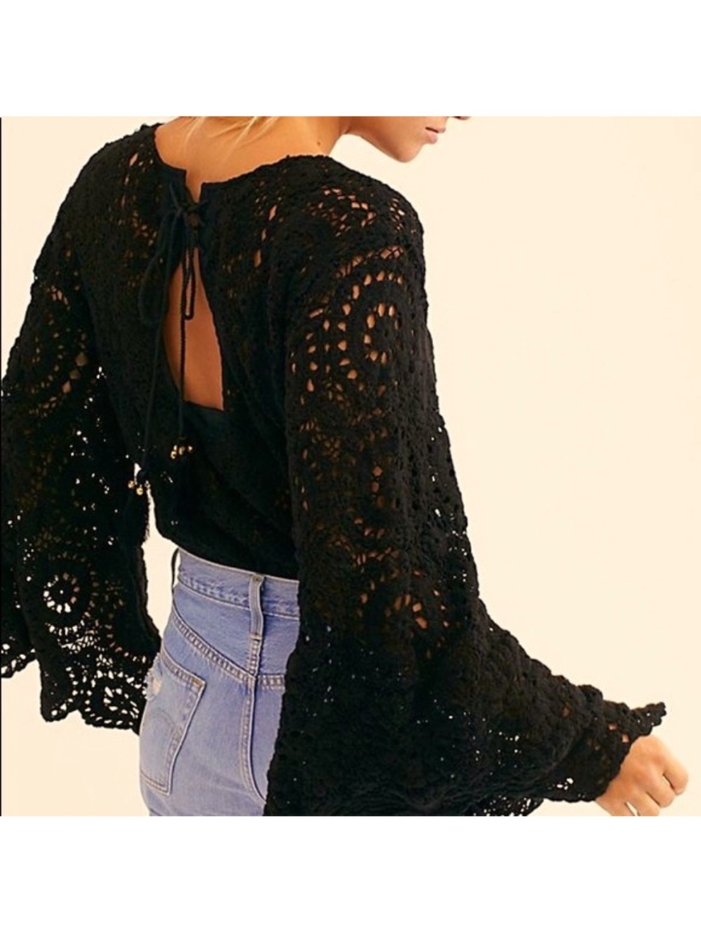 Free People Black Crochet Open-Back Off-the-Shoulder Sweater
